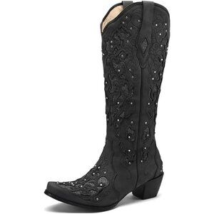 Women Microfiber Black Rhinestones Pointed Toe Chunky Heel Knee High Boots